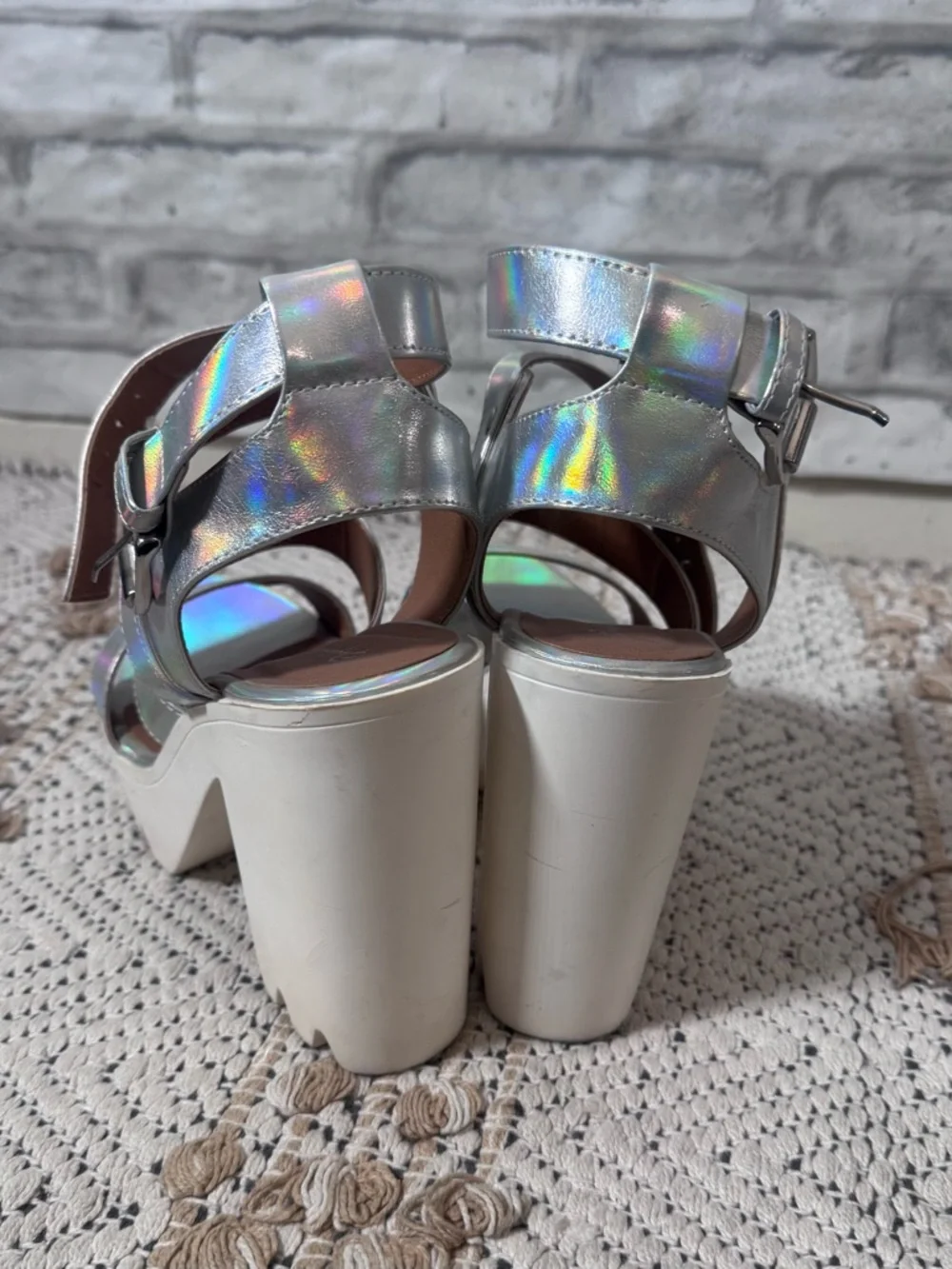 Qupid Holographic Silver White Chunky Platform Sandals Heels